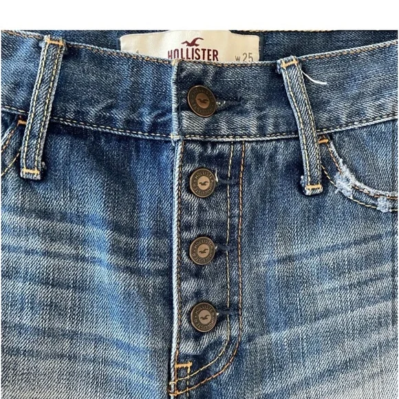 Hollister button fly cotton denim blue raw hem cheeky cut off jean short size 25 - Picture 2 of 11